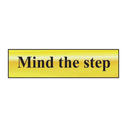 Mind The Step' Sign, Polished Gold Effect, Self-Adhesive Pvc (200mm X 50mm)