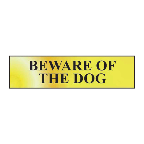 Beware Of The Dog' Sign, Polished Gold Effect, Self-Adhesive Pvc (200mm X 50mm)