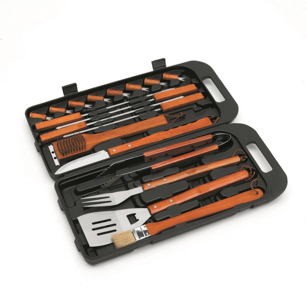 18 Piece Bamboo Bbq Tool Set In Case