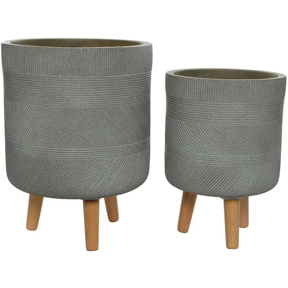 Fibre Clay Planter With Wood Legs - Set Of 2