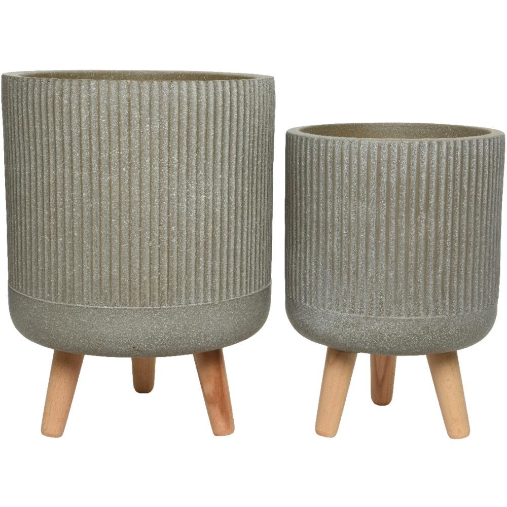 Fibre Clay Planter With Wood Legs - Set Of 2