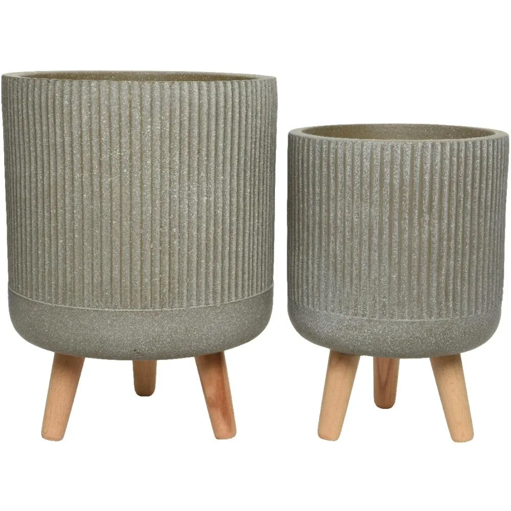 Fibre Clay Planter With Wood Legs - Set Of 2