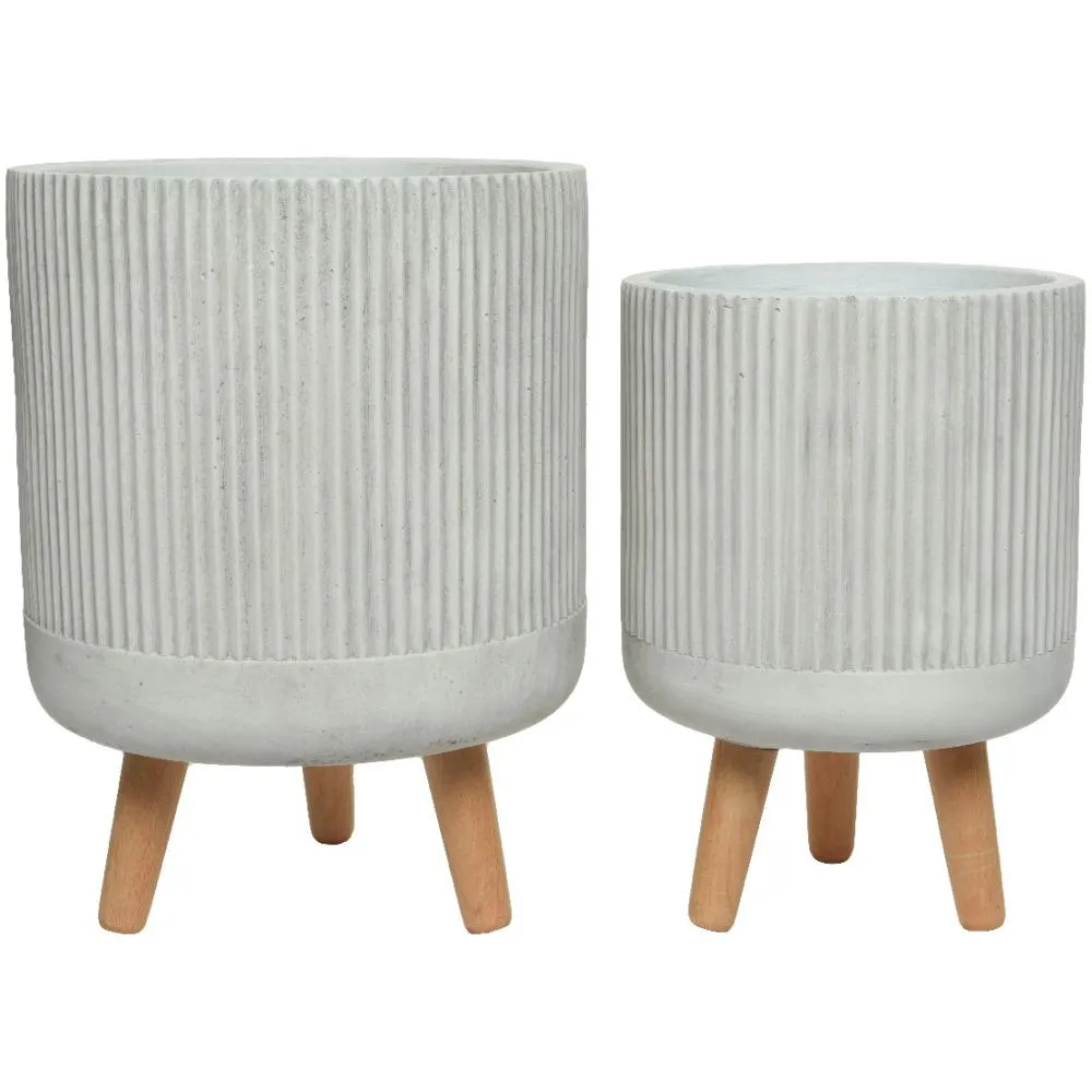 Fibre Clay Planter With Wood Legs - Set Of 2