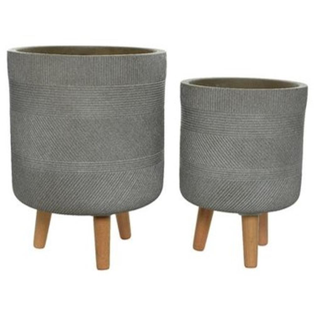 Fibre Clay Planter With Wood Legs  - Set Of 2