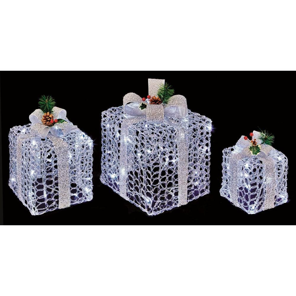 Led Acrylic Set Of 3 Parcels With Silver Bow