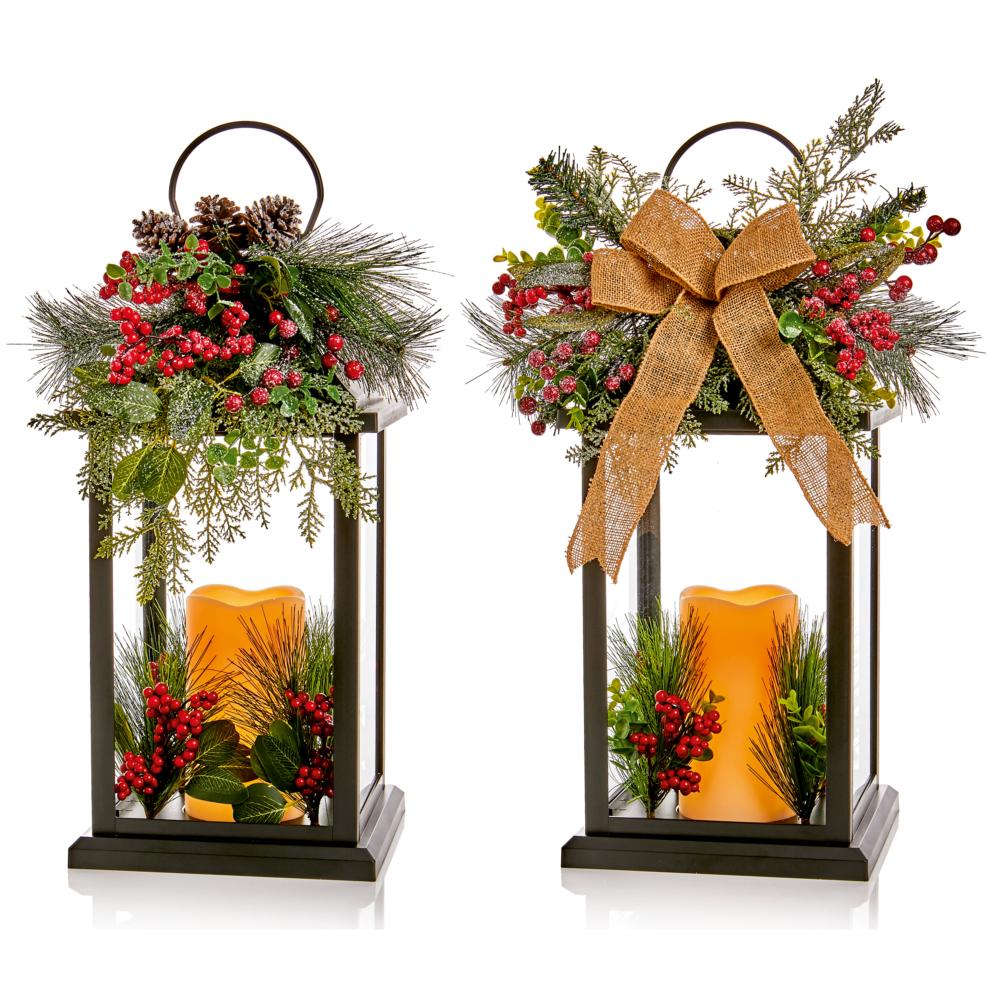 Lit Floral Lantern With Led Candle & Ribbon - 2Assorted - 64cm
