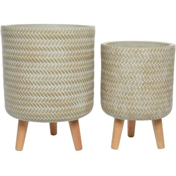 Alex Fibreclay Set Of 2 Planters With Wood Legs - Soft Beige
