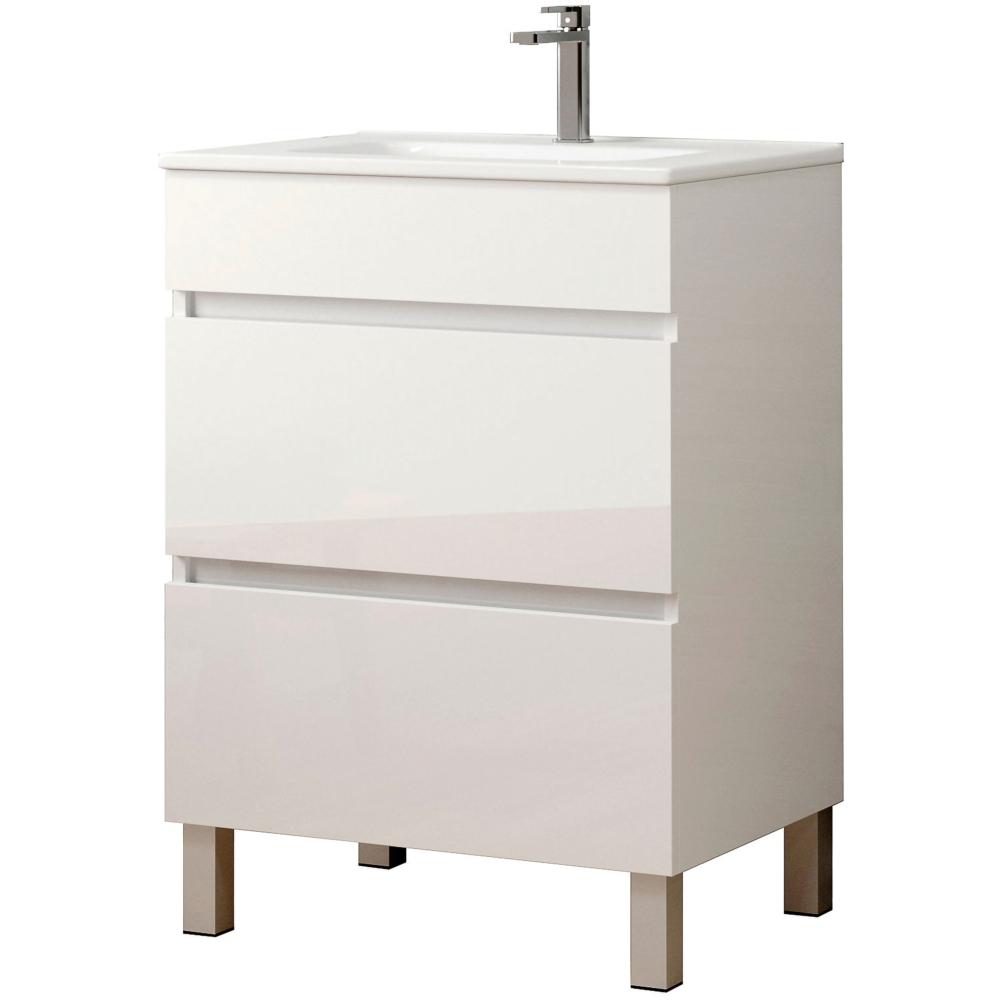 Floor Standing 2 Drawer Unit & Basin (Gloss White) - 60cm