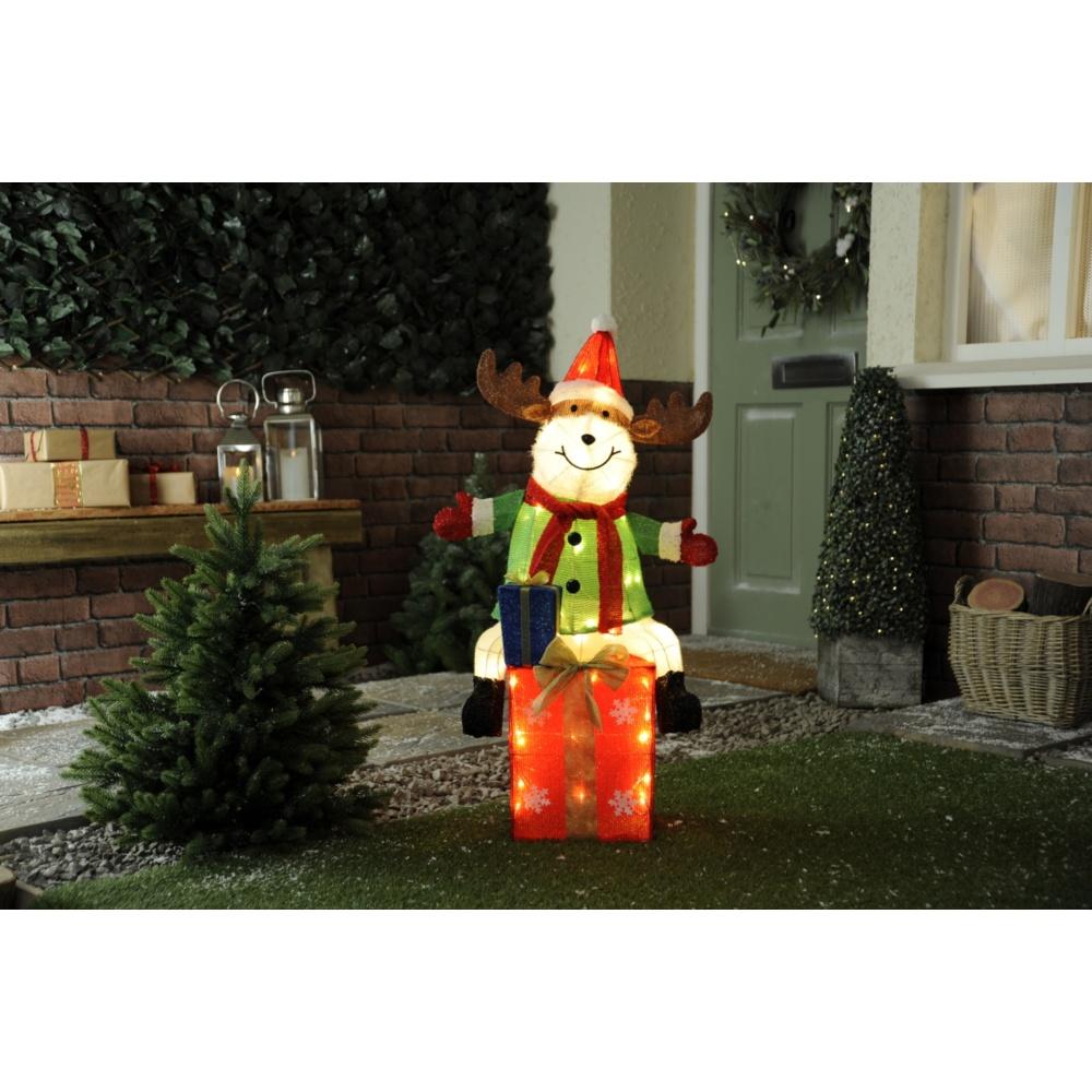 P041757 90cm Led Lit Reindeer On Parcel