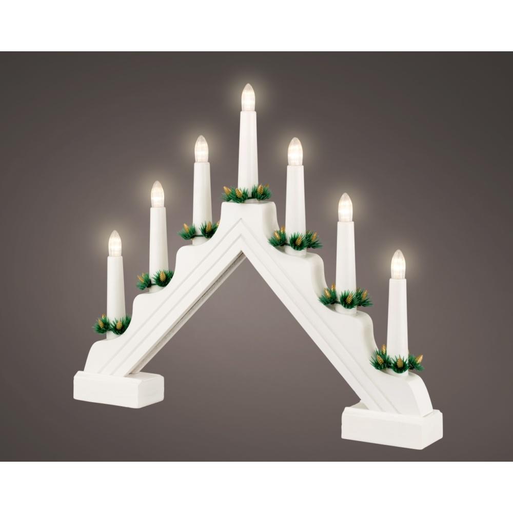 Lumineo Battery Operated Traditional 7 Light Wooden Candlebridge - White