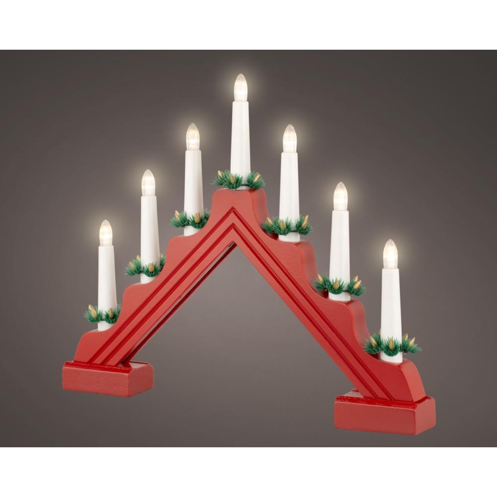 Lumineo Battery Operated Traditional 7 Light Wooden Candlebridge - Red