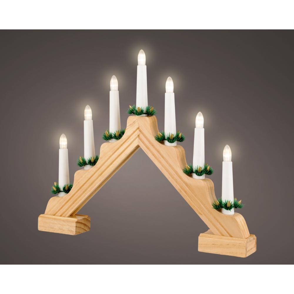 Lumineo Battery Operated Traditional 7 Light Wooden Candlebridge - Natural