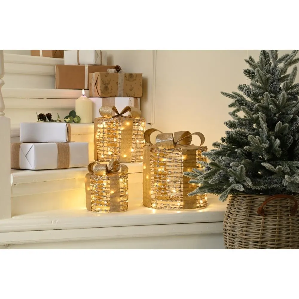 Set Of 3 Led Lit Battery Operated Champagne Gold Parcels